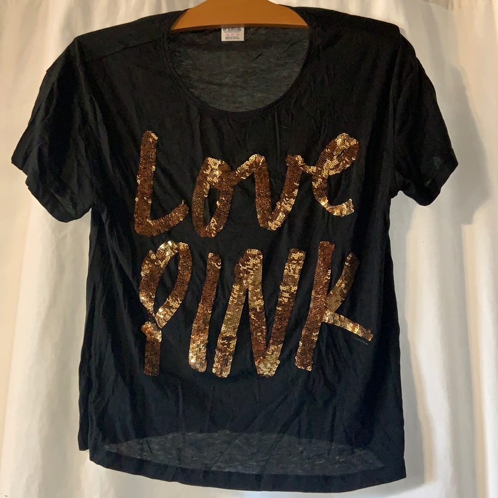 Victoria’s Secret PINK cropped oversized gold & black bling tee XS